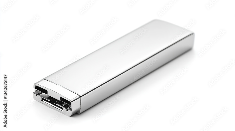 Sleek and Compact Silver USB Flash Drive for Data Storage and Transfer, Isolated on White Background Sleek and Compact Silver USB Flash Drive for Data Storage and Transfer, Isolated on White Background