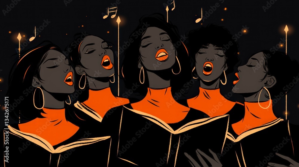 Joyful Gospel Choir Black Women Singing Music Illustration