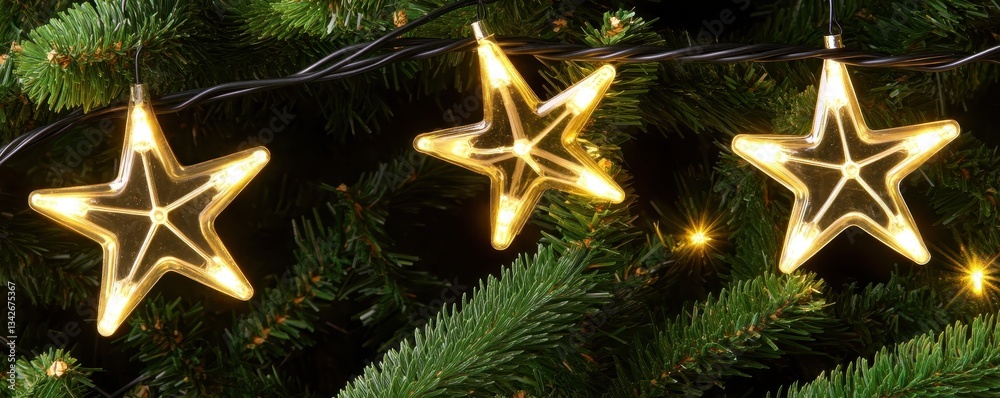 Three vibrant star-shaped lights dangle gracefully from a beautifully adorned Christmas tree, casting a warm, festive glow that enhances the holiday spirit and charm. Three vibrant star-shaped lights dangle gracefully from a beautifully adorned Christmas tree, casting a warm, festive glow that enhances the holiday spirit and charm.