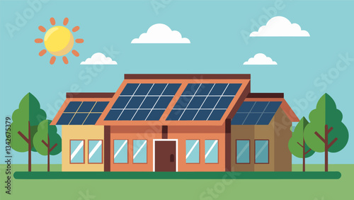 Solar panels have been installed on the schools rooftop providing clean and renewable energy to power the building.. Vector illustration
