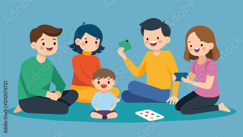 A family bonding over a game of charades without the use of any phones or tablets for assistance.. Vector illustration
