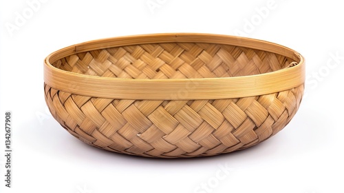 Traditional Bamboo Steamer Basket with Woven Design, Ideal for Authentic Food Steaming, Isolated on White Background