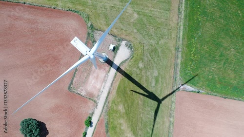 Aerial view of aeolian generators field in Castilla La Mancha, Spain.