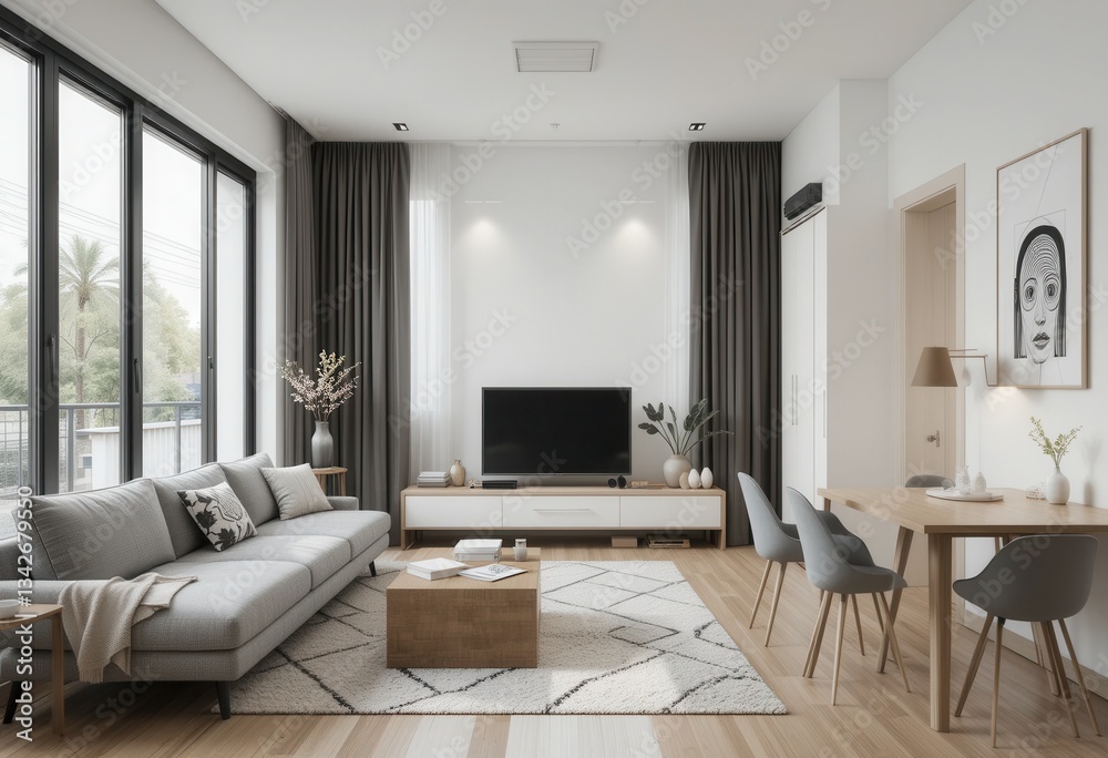 Fototapeta premium Modern living room design contemporary home interior decor urban environment bright viewpoint minimalist concept for seo impact