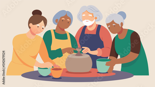 A group of seniors huddled around a potters wheel their hands molding clay into elegant shapes and forms.. Vector illustration