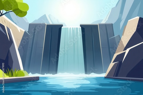 Serene Waterfall Surrounded by Mountains and Lush Greenery