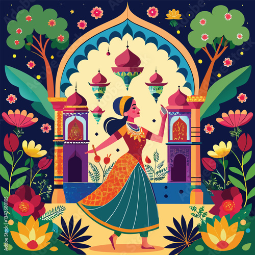 Mughal Court Dancer in Serene Garden with Majestic Peacock