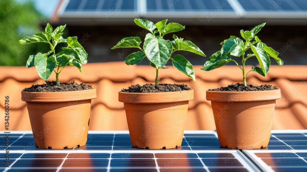 Fototapeta premium Three potted plants thriving on a solar panel rooftop, showcasing sustainability and green living in urban environments.