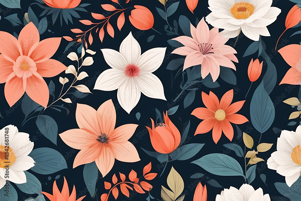 A Seamless Flower Pattern on a Deep Black Background, Featuring Vibrant Blooms for a Bold and Elegant Design, AI-generated A Seamless Flower Pattern on a Deep Black Background, Featuring Vibrant Blooms for a Bold and Elegant Design, AI-generated