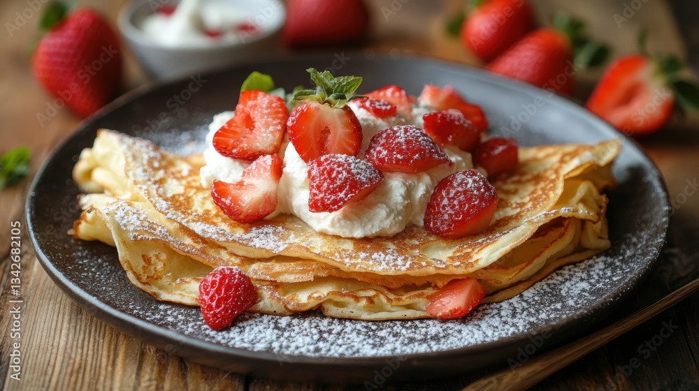 A golden-brown crepe, generously adorned with creamy ricotta and juicy strawberries, creating a symphony of flavors and textures. A golden-brown crepe, generously adorned with creamy ricotta and juicy strawberries, creating a symphony of flavors and textures.