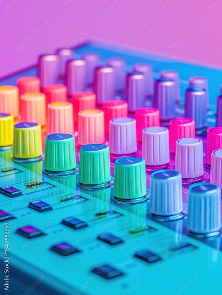 Vibrant Audio Engineering Nexus Next-Gen Sound Mixing Console with Risograph-Inspired Neon Color Palette - Creative Digital Production Technology