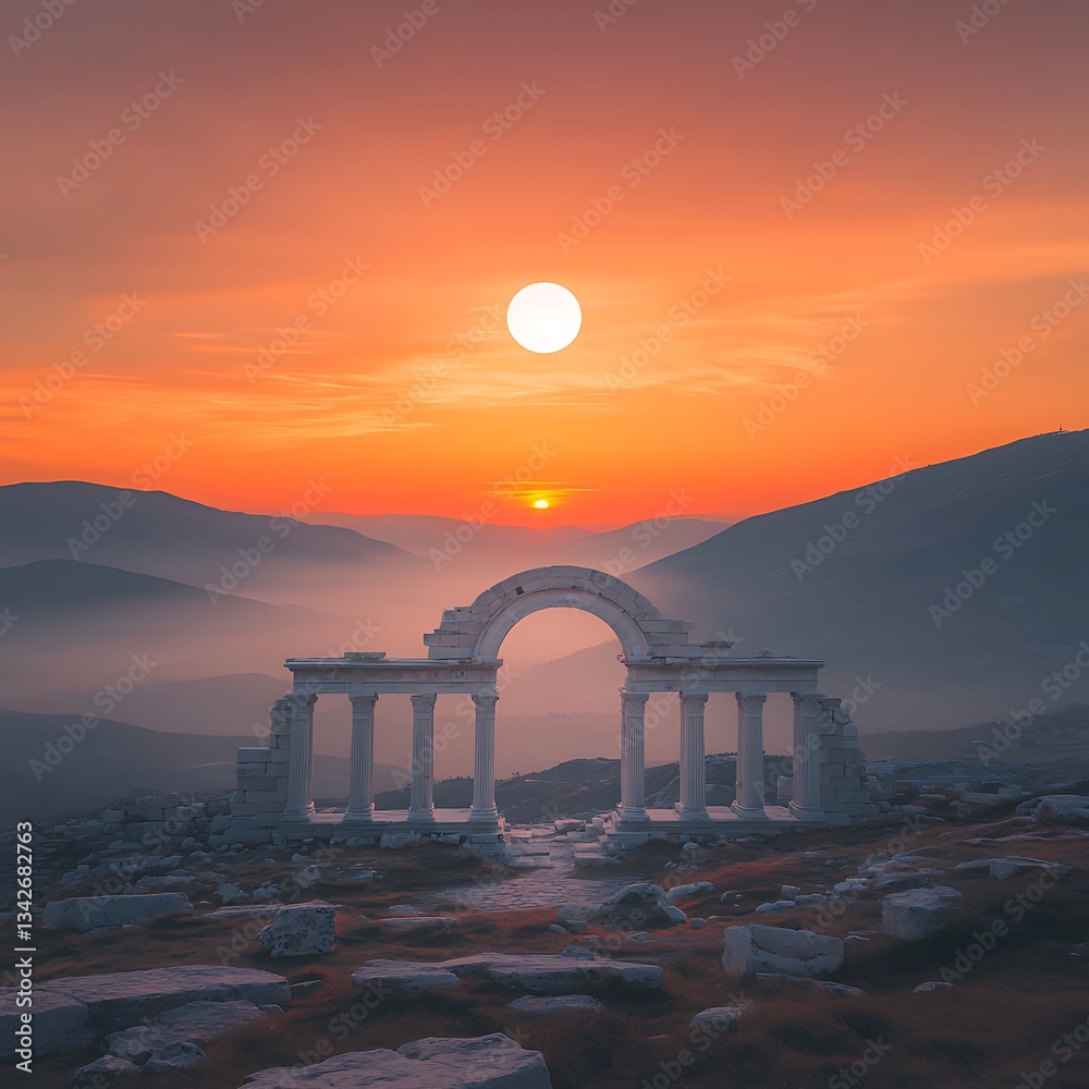 Fototapeta premium Sunset Arch: Ancient Ruins for Mountain Mist.