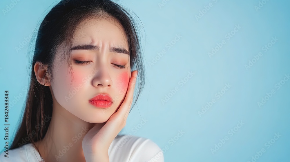 Dermatology Concept: Asian Woman with Itchy, Worried Expression Due to Allergic Skin Reaction, Featuring Red Spots and Rash on Face for Beauty Care and Skin Problem Treatment Dermatology Concept: Asian Woman with Itchy, Worried Expression Due to Allergic Skin Reaction, Featuring Red Spots and Rash on Face for Beauty Care and Skin Problem Treatment