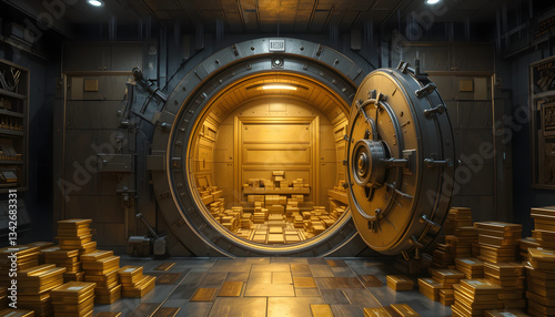 Bank vault with open door store gold bar inside generative ai art