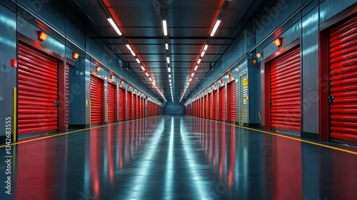 Endless Corridor of Red Storage Units: A Modern Warehouse Interior