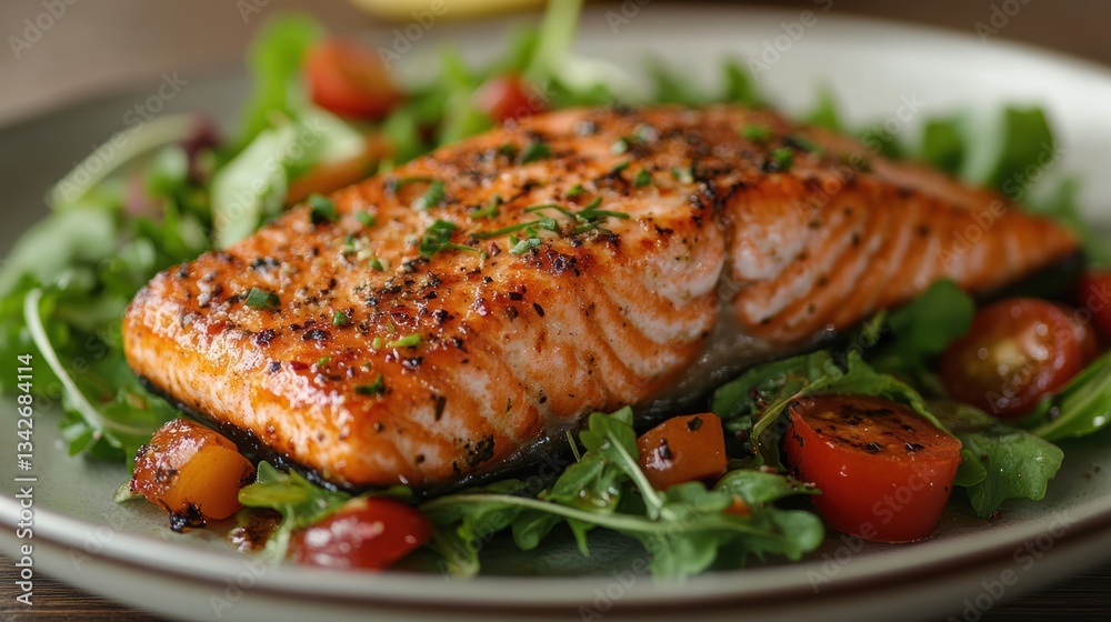 A golden-brown grilled salmon fillet, nestled on a bed of vibrant green salad, a symphony of textures and flavors that tantalized the taste buds. A golden-brown grilled salmon fillet, nestled on a bed of vibrant green salad, a symphony of textures and flavors that tantalized the taste buds.
