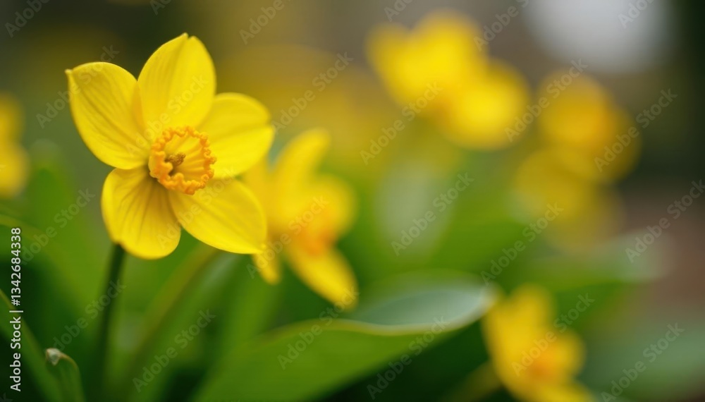 Obraz premium Close-up of a sunny yellow Primula, spring foliage , green, photography