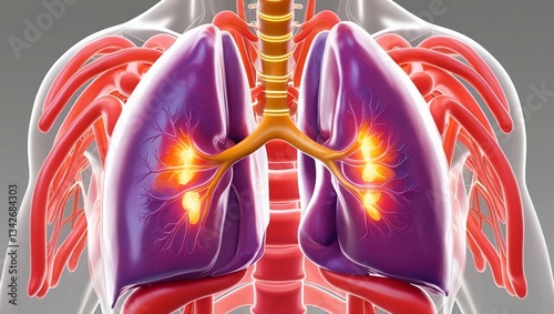 A transparent 3D rendering of human lungs, with bright glowing areas indicating healthy breathing.