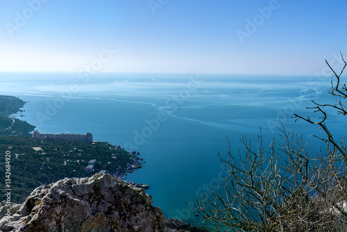 View of seashore from above, seascape. With foreground. Southern Coast Crimea, Laspi Bay. Spring, March