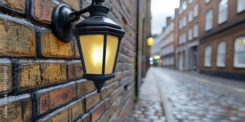 Warm antique-style lantern glowing on cobblestone street illuminating textured brick wall through a soft layer of misty fog