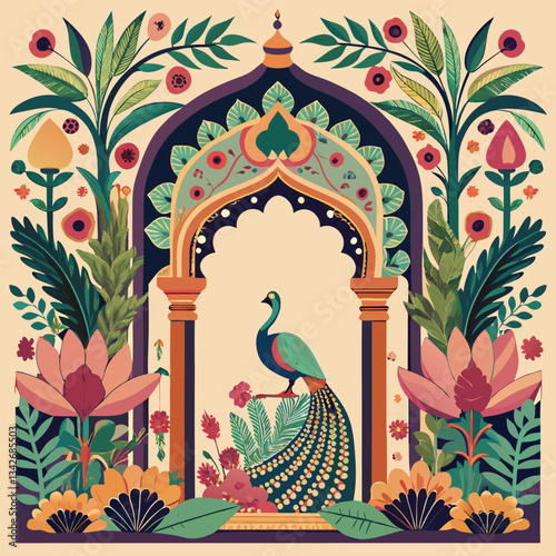 Mughal Architectural Masterpiece: Ornate Garden Archway Adorned with a Majestic Peacock