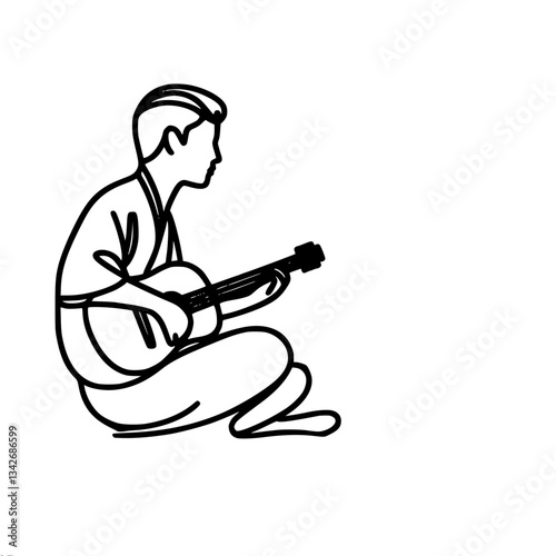 Minimalistic outline single line vector drawing of a guy playing guitar while sitting on the floor with his legs crossed, side view. Great choice for music and art projects