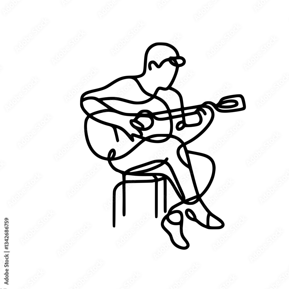 A guy in a cap sits on a stool and plays the guitar. Linear outline vector minimalistic drawing in black and white in doodle style. A guy in a cap sits on a stool and plays the guitar. Linear outline vector minimalistic drawing in black and white in doodle style.