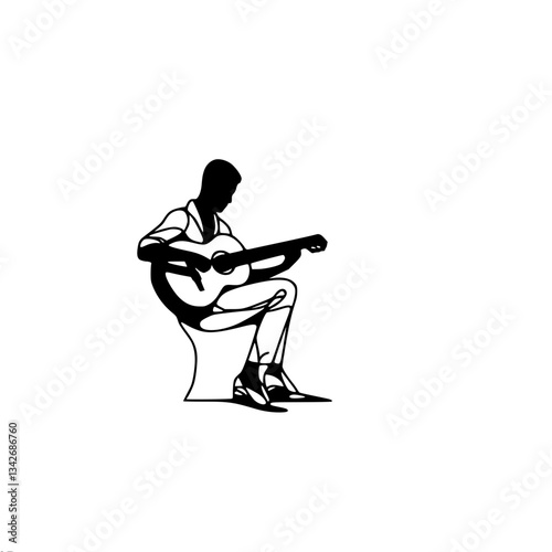 Minimalistic outline single line vector black portret of a guitarist guy playing guitar while sitting on a stool. Great choice for music and art projects
