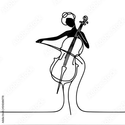 Linear outline vector black and white sketch of a full-length woman playing the cello