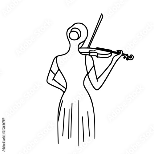 Minimalistic one line vector simple drawing of lady in evening dress standing with back and playing violin. Elegance and music in simple lines