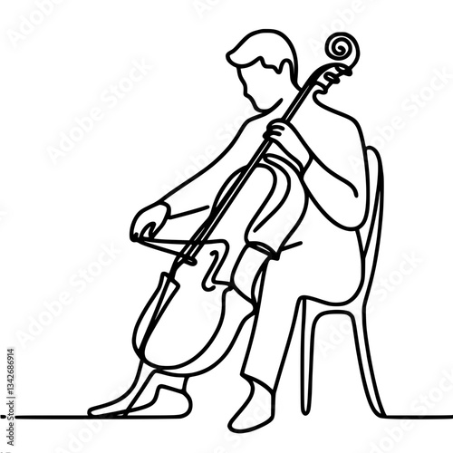 Minimalistic outline simple vector drawing of a man sitting on a chair and playing cello. Art, music, style, lines, elegance