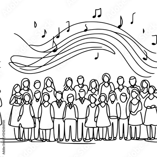 Minimalistic linear outline vector drawing Group of adults and children singing in choir standing together against musical notes background.
