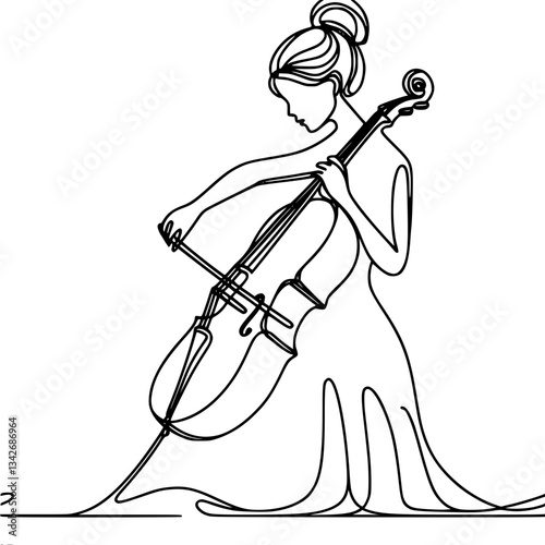 Minimalistic outline simple vector drawing of woman in elegant dress playing cello. Art, music, style, lines, elegance