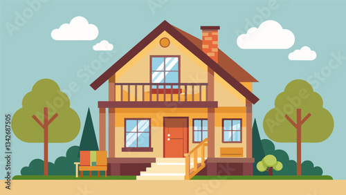 A charming cottage with a main floor bedroom suite and an upstairs loft area with a bedroom and bathroom ideal for providing separate living spaces for parents and adult children.. Vector illustration
