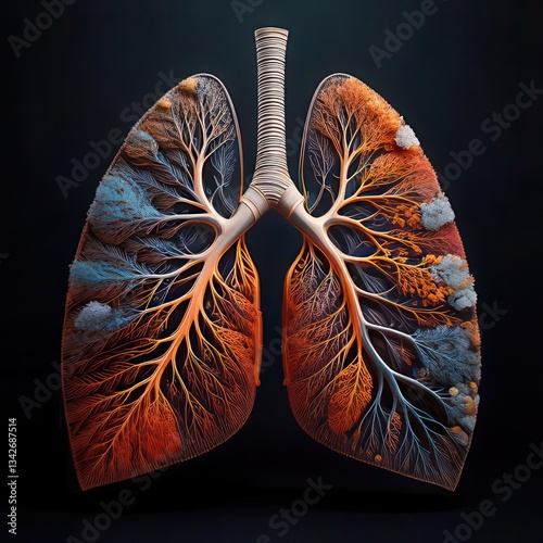 Intricate lung illustration showcasing vibrant tree-like structures representing air passages and lung tissues. Generative AI