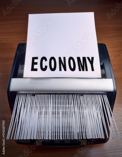 Shredding documents with the word economy printed on a large sheet of paper in an office setting. Generative AI