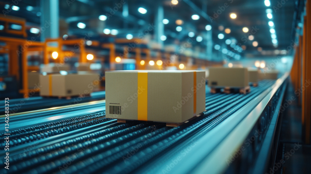 A box is on a conveyor belt in a warehouse. The box is yellow and white A box is on a conveyor belt in a warehouse. The box is yellow and white