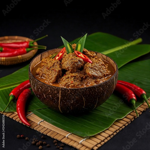 Slow-cooked beef rendang in a rich, spicy coconut sauce, served in a carved coconut shell bowl, garnished with red chili slices and fresh turmeric leaves, placed on a woven bamboo mat 