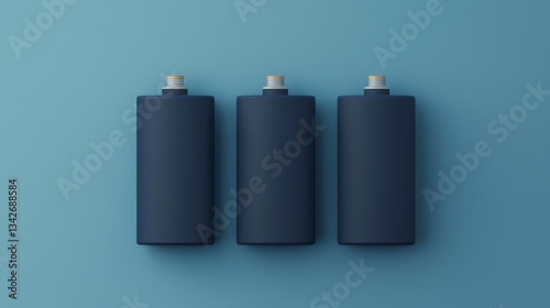 Three dark batteries arranged against a minimalistic blue backdrop.