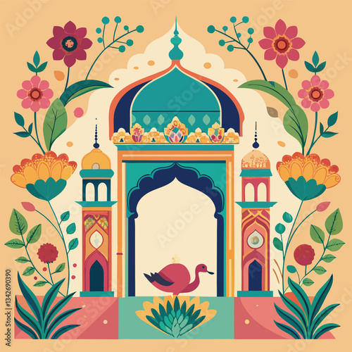 Ornate Mughal Garden Archway with Palace, Temple, and Peacock Illumination