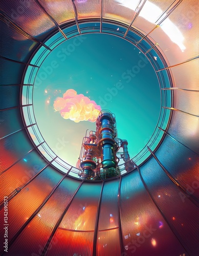 Industrial facility emits colorful smoke under a vibrant sky from the perspective of a cylindrical structure Generative AI