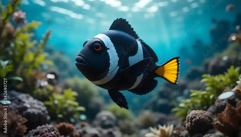 Fototapeta premium Clownfish Swimming Underwater Among Coral and Plants in a Reef