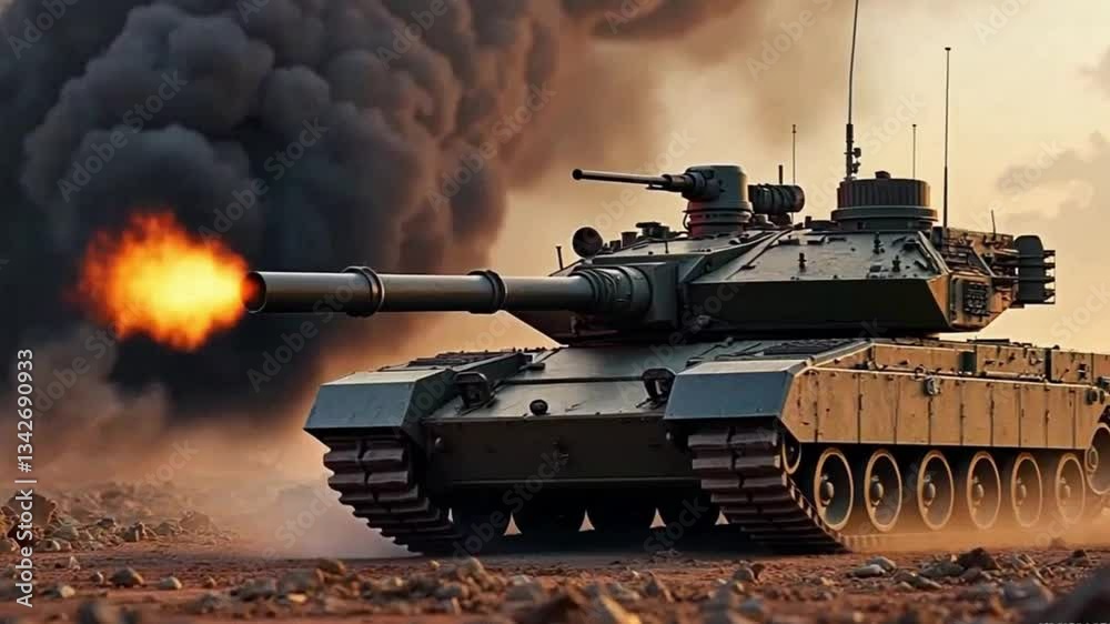 high-quality, cinematic animation of a powerful military tank firing a shell at an enemy target. high-quality, cinematic animation of a powerful military tank firing a shell at an enemy target.