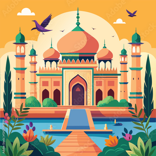 Majestic Mughal Garden Palace Temple Adorned with Birds