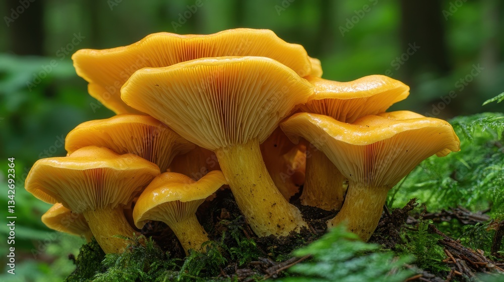 A cluster of chanterelle mushrooms, their caps adorned with intricate veins, stood poised like tiny golden trumpets, ready to be plucked from the earthy embrace of the forest floor. A cluster of chanterelle mushrooms, their caps adorned with intricate veins, stood poised like tiny golden trumpets, ready to be plucked from the earthy embrace of the forest floor.