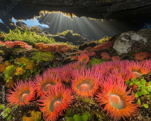 Vibrant, brightly colored sea anemones flourish within a rocky cave, their tentacles swaying gently. Sunlight streams through the cave entrance, illuminating the underwater scene with a warm glow. photo