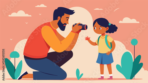 A father and daughter go on a photography scavenger hunt capturing small moments of beauty and discussing mindfulness through the lens.. Vector illustration