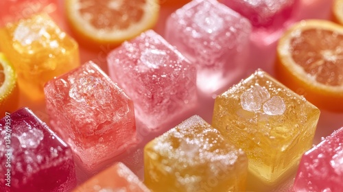 A refreshing tableau of vibrant summer cocktails, adorned with glistening ice cubes, inviting you to partake in a moment of pure refreshment.