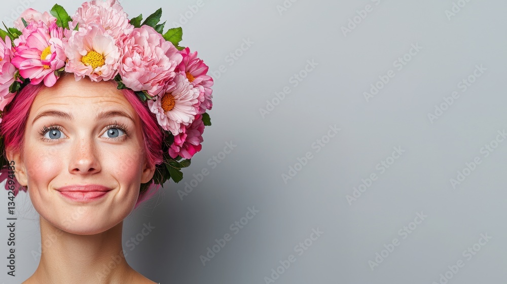 A joyful flower child with pink hair and peony crown smiling softly in a colorful retro studio setting full of charm A joyful flower child with pink hair and peony crown smiling softly in a colorful retro studio setting full of charm