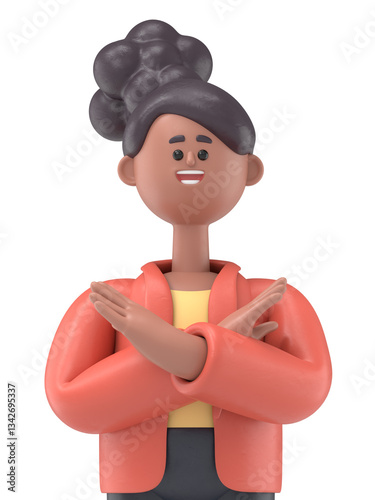 3D illustration of african american woman Coco says NO with the gesture, crosses her hands.Transparent Background Mockup. Supports PNG files with transparent backgrounds.